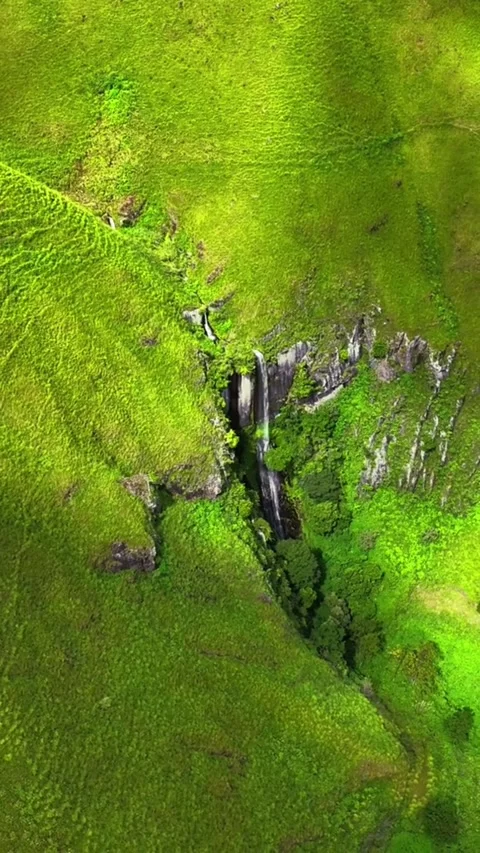 Aerial View of Waterfall in a Lush Green Valley Stock Footage 310073159