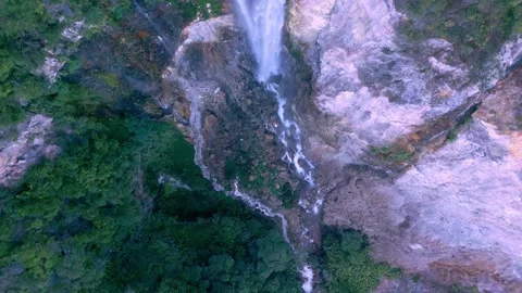 Aerial View Waterfall of Mountain Falling in Green Nature of Forest Landscape Stock Footage 273016627