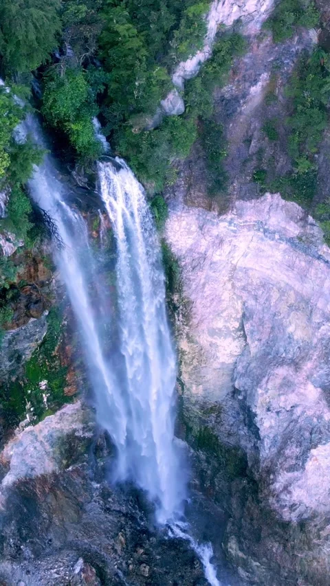Aerial View Waterfall of Mountain Falling in Green Nature of Forest Landscape Stock Footage 306111510