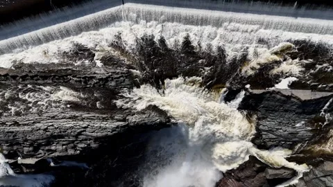 Aerial view of waterfall of river Chaudiere, Quebec city, Quebec, Canada. Stock Footage 296786601