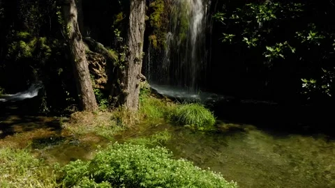 Aerial view waterfall river poplars spring Stock Footage 130798264