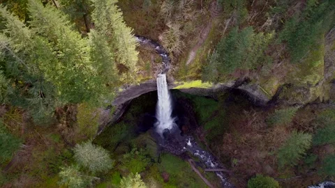 Aerial View of a waterfall in Silver falls state Park in Oreg. Stock Footage 345224946