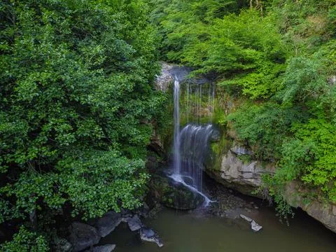 Aerial view of the waterfall in spring Stock Photos