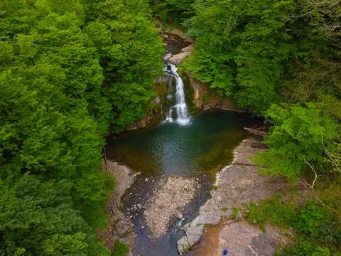 Aerial  view of the waterfall in spring Stock Photos