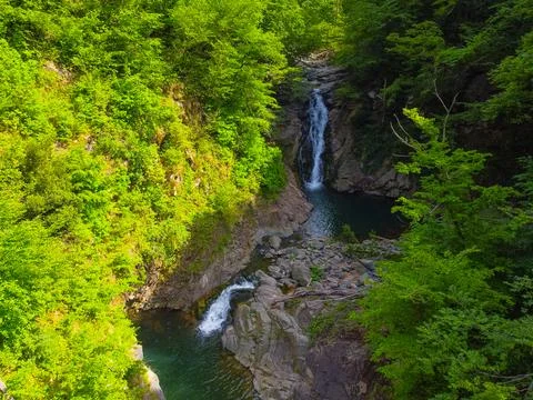 Aerial  view of the waterfall in spring Stock Photos