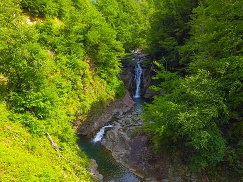 Aerial  view of the waterfall in spring Stock Photos