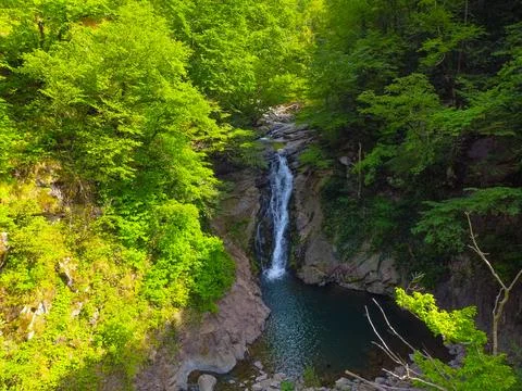 Aerial  view of the waterfall in spring Stock Photos