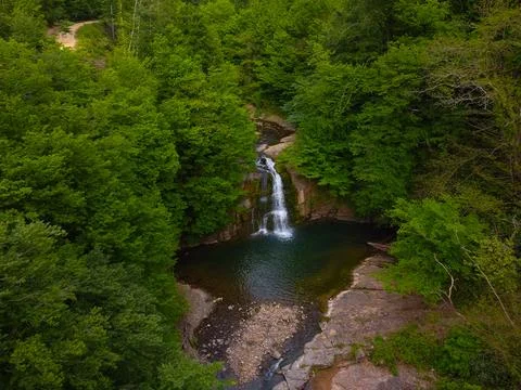 Aerial  view of the waterfall in spring Stock Photos