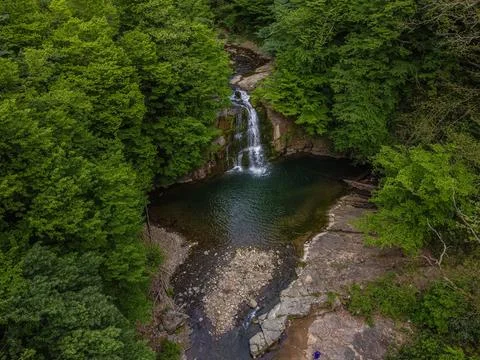 Aerial  view of the waterfall in spring Stock Photos