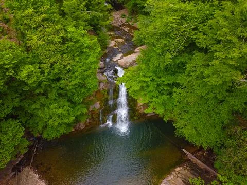 Aerial  view of the waterfall in spring Stock Photos