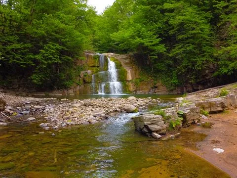 Aerial  view of the waterfall in spring Stock Photos