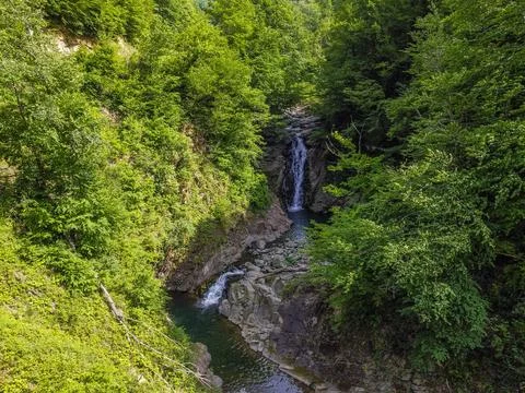 Aerial  view of the waterfall in spring Stock Photos