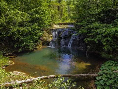 Aerial  view of the waterfall in spring Stock Photos