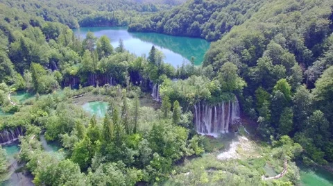 Aerial view of waterfalls and lakes in Plitvice National Park Stock Footage