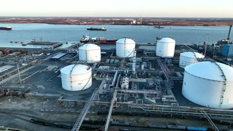 Aerial View of Waterfront Refinery Marcus Hook Pennsylvania Stock Footage 201771631