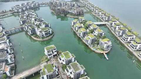 Aerial View of Waterfront Villa Development on Fujian Coast Stock Photos