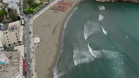 Aerial view waves in the bay with sandy beach in Ulcinj Stock Footage 234055613