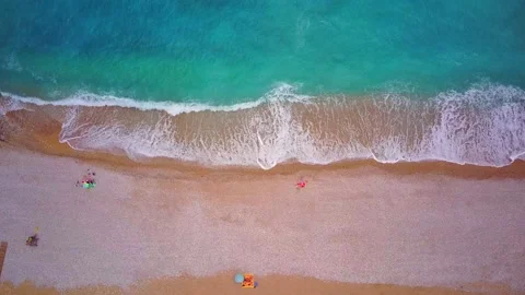 Aerial View Waves Break On White Sand Beach. Stock Footage 234082833