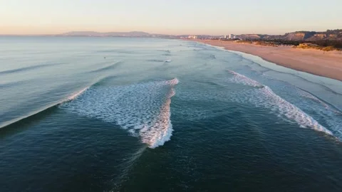 Aerial View of Waves at Costa da Caparica beach, Portugal Stock Footage 146101903