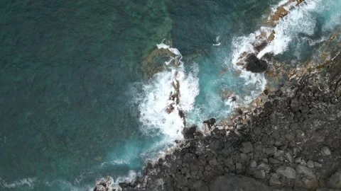 Aerial View of Waves Crashing on Basalt Coastline, Buenavista del Norte Stock Footage 346002762