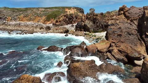 Aerial View of Waves Crashing on a Rugged Portugal Coastline Stock-Footage 345841877