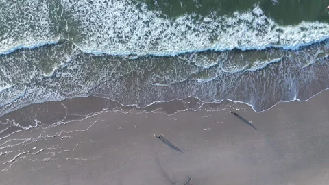 Aerial View of Waves Crashing on Sandy Beach, North Sea, Winter, Netherlands Stock Footage 295936769