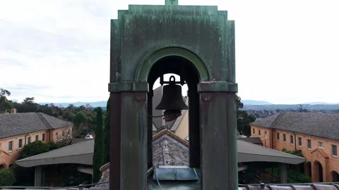 Aerial view of a weathered copper bell tower Stockbeeldmateriaal 336713450