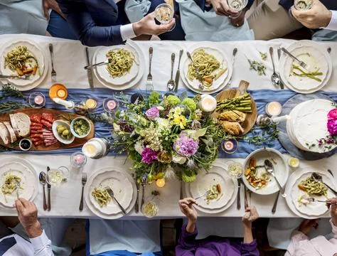 Aerial view of wedding reception table at dinner Stock Photos