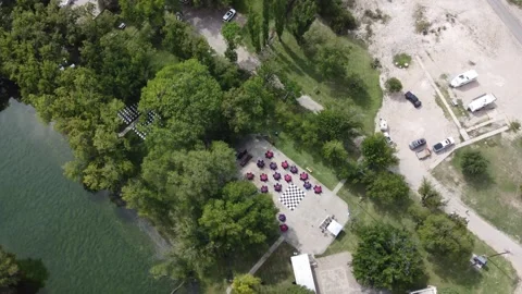 Aerial view of a wedding venue setup in the desert Stock Footage 318198232