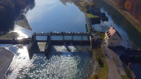 The aerial view at a weir at the Isar river south of Munich. Stock Footage 117414168