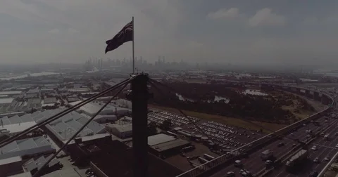 Aerial view of The West Gate Bridge and Australian flag. Melbourne Australia. Stock Footage 78459203