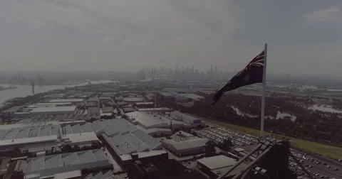 Aerial view of The West Gate Bridge and Australian flag. Melbourne Australia. Stock Footage 78459340
