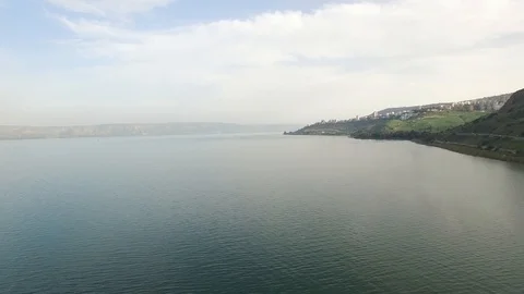 Aerial view of west side of Sea of Galilee, near Magdala. Israel. DJI-0167-11 Video stock 123795133