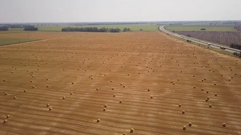 Aerial View Wheat Field After Harvest with Hay Bales and Highway Stock Footage 101300385