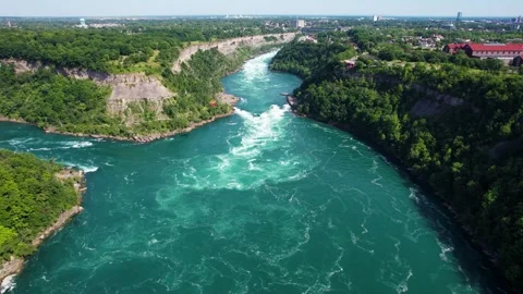 Aerial view of Whirlpool Rapids, Niagara River, forest, sky, Canada. Stock Footage 345227236
