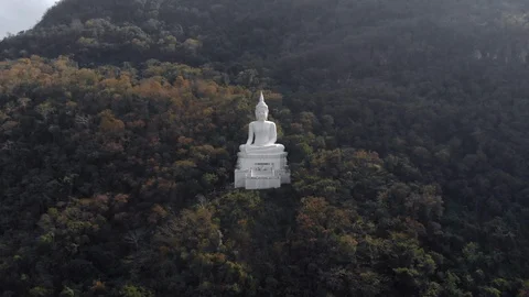 Aerial view of White Buddha image on the hill Stock Footage 101186944