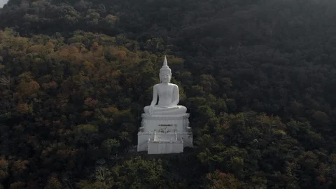 Aerial view of White Buddha image on the hill Stock Footage 101200418