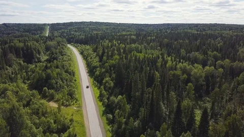 Aerial view of white car driving on country road in forest. Aerial view flying Stock Footage 86502682