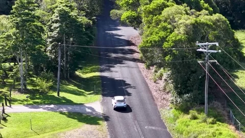 Aerial View of White Car Driving on Lush Tree Lined Road Stock Footage 331899096