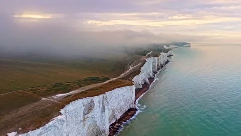 Aerial View of White Chalk Cliffs at Seven Sisters in England Stock-Footage 341212868