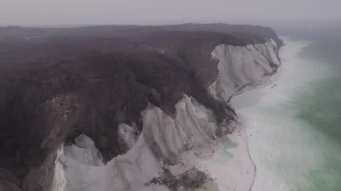 Aerial View of White Chalk Cliffs and Baltic Sea in Mist Stock Footage 343532866