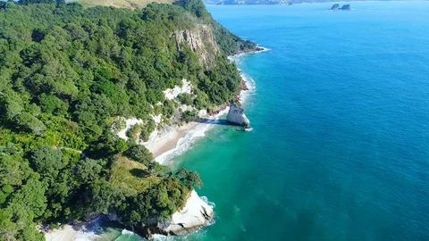 Aerial view of white cliffs and beaches of Coromandel, North Island, New Zealand Stock Footage 89727824