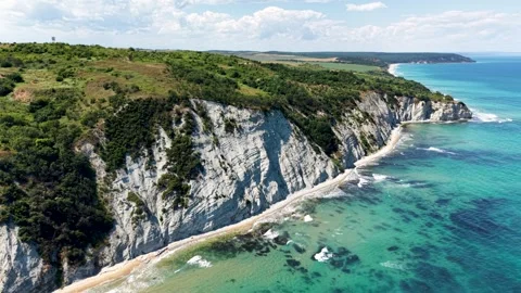 Aerial view of white cliffs and Black Sea coastline, Bulgaria. Stock Footage 346649992