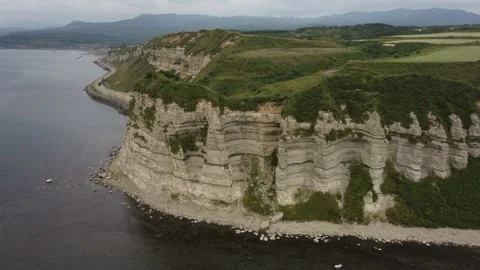 Aerial view of the white columnar joint cape and coastline. Video stock 160402919