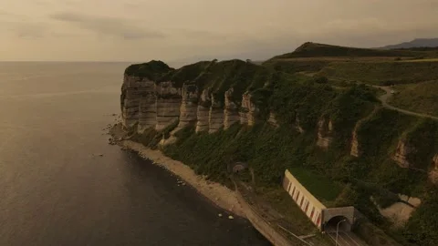 Aerial view of the white columnar joint cape and coastline. Video stock 160403373