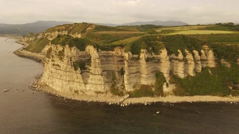 Aerial view of the white columnar joint cape and coastline. Stock Footage 160403421
