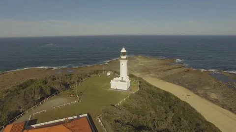 Aerial View White Lighthouse Australia Sunny Day Stock Footage 80181424