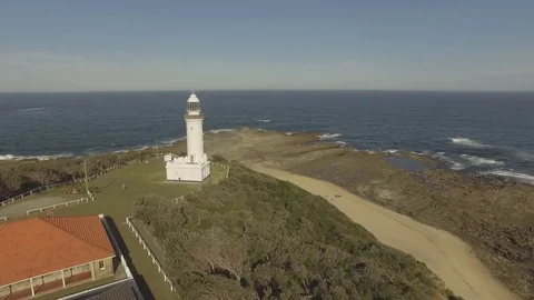 Aerial View White Lighthouse Australia Sunny Day Stock Footage 80181489