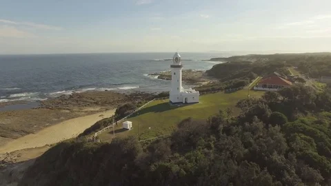 Aerial View White Lighthouse Australia Sunny Day Stock Footage 80182423