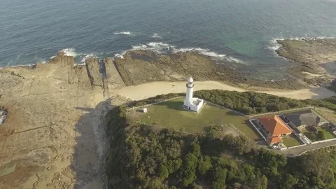 Aerial View White Lighthouse Australia Wide Shot Stock Footage 80182735